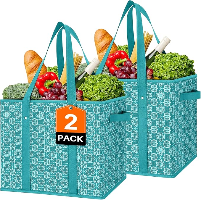 WISELIFE Reusable Grocery Bags [2 Pack],Large Grocery Tote Bag Water Resistant Shopping Bags Foldable Grocery Bag for Clothes,Shoes and Picnic,Green