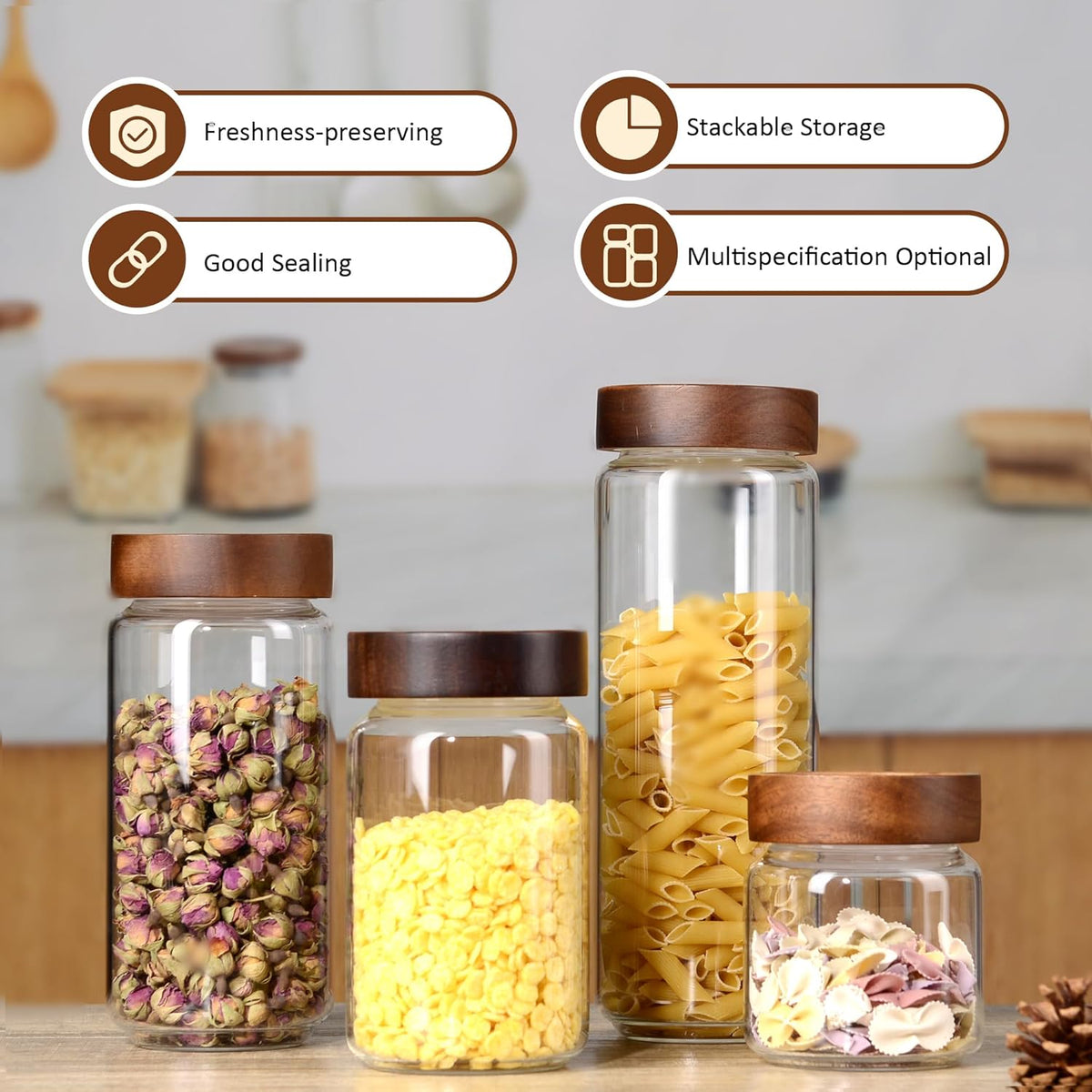 13.5 oz/400 ml Glass Jar with Airtight Wooden Screw Top Lid, Clear Stackable Food Storage Canister, Small Cute Decorative Glass Container for Coffee, Candy, Cookie, Sugar, Oatmeal, Salt, Spice