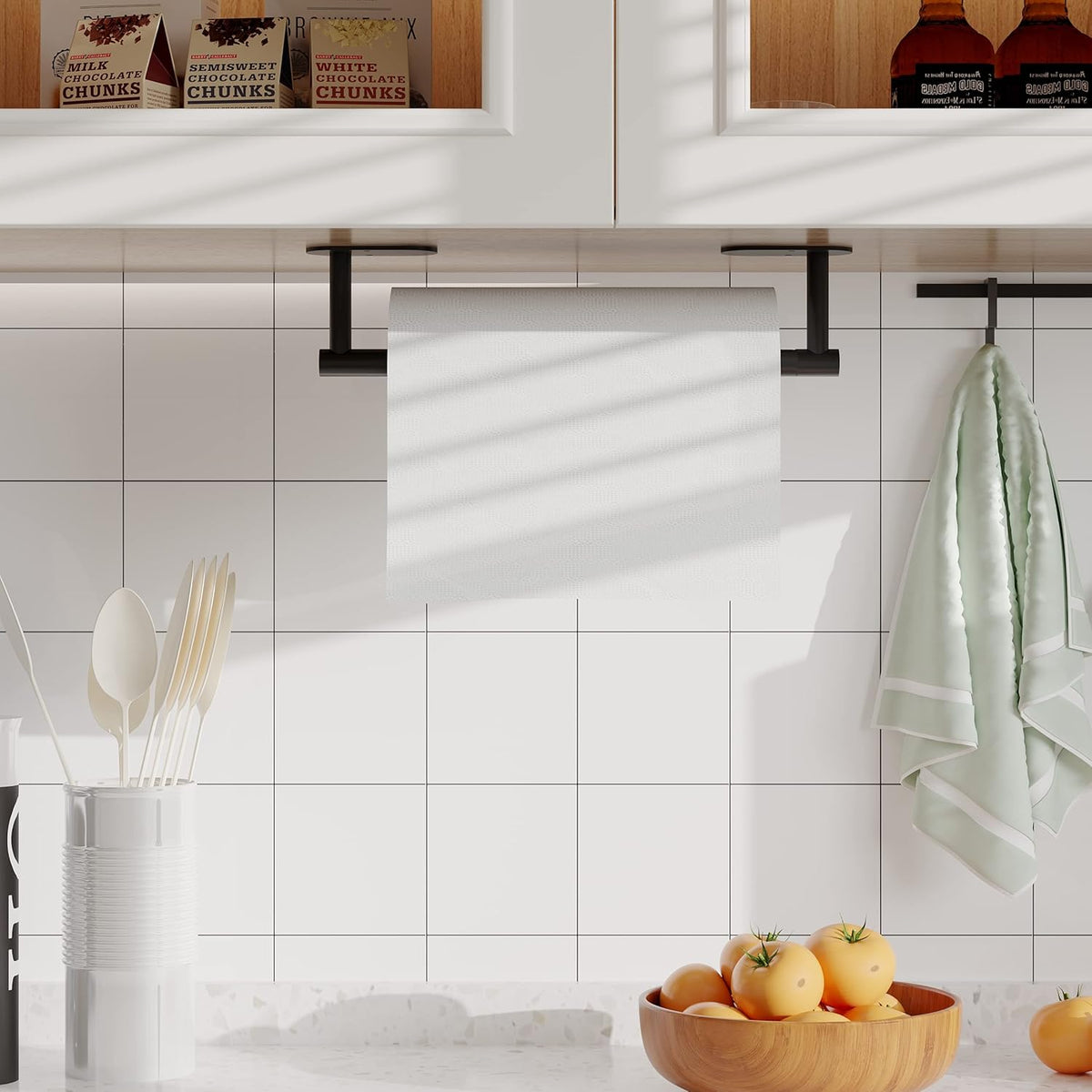 Ruacq Matte Black Paper Towel Holder Double Post Pivoting Round Base Under Cabinet Paper Towel Holder for Kitchen Self-Adhesive or Drill mounting