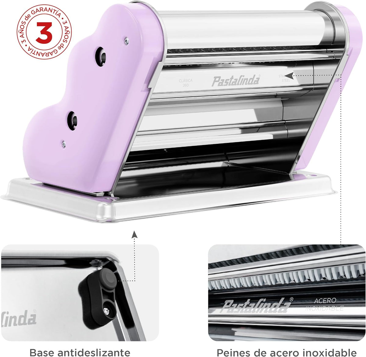 PASTALINDA Classic 260 Pasta Maker Machine, 26 cm Wide Rollers, 9 Thickness Positions, 2 Cutting Positions, Stainless Steel. Includes Reinforced Hand Crank And Two Clamps (Lilac)