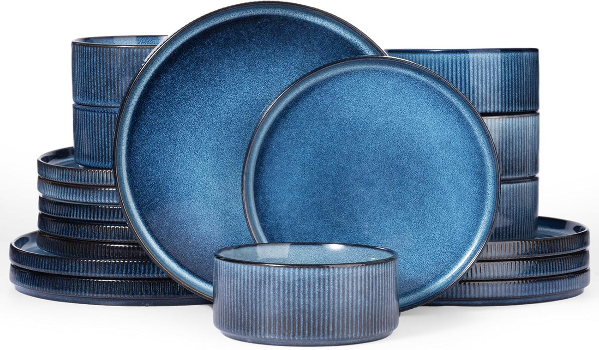 Famiware Star Plates and Bowls Sets, Modern Stoneware Dinnerware Sets for 6, 18-Piece Kitchen Dish Set - Chip and Scratch Resistant, Microwave and Dishwasher Safe Tableware, Nebulas Blue