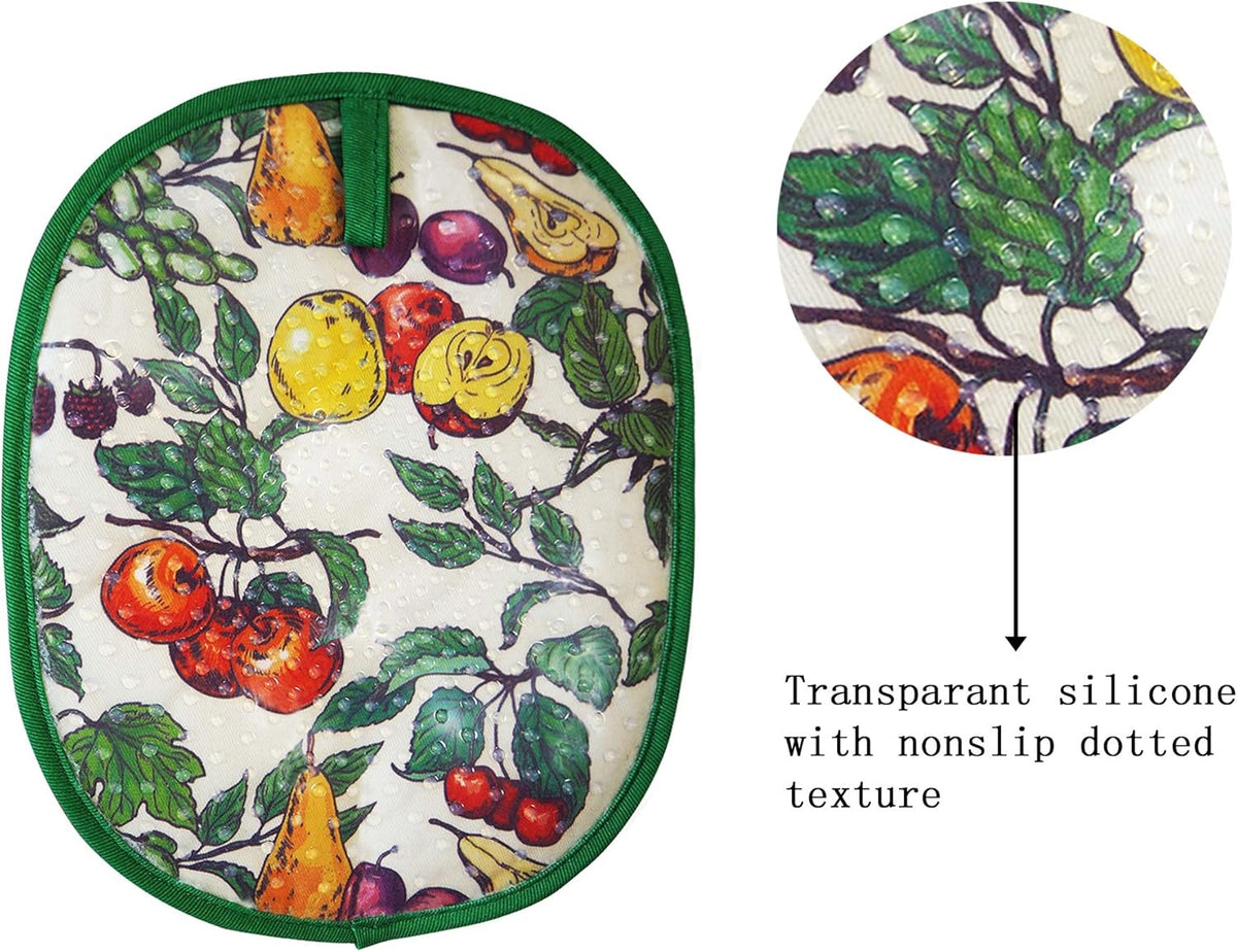 Pot Holders Set of 2 with Transparent Clear Silicone Shell and Nice Fruit Flower Cotton Lining, Heat Resistant to 500 F Kitchen Oven Gloves Pot Holder for Cooking (Fruit Flower, Potholders)