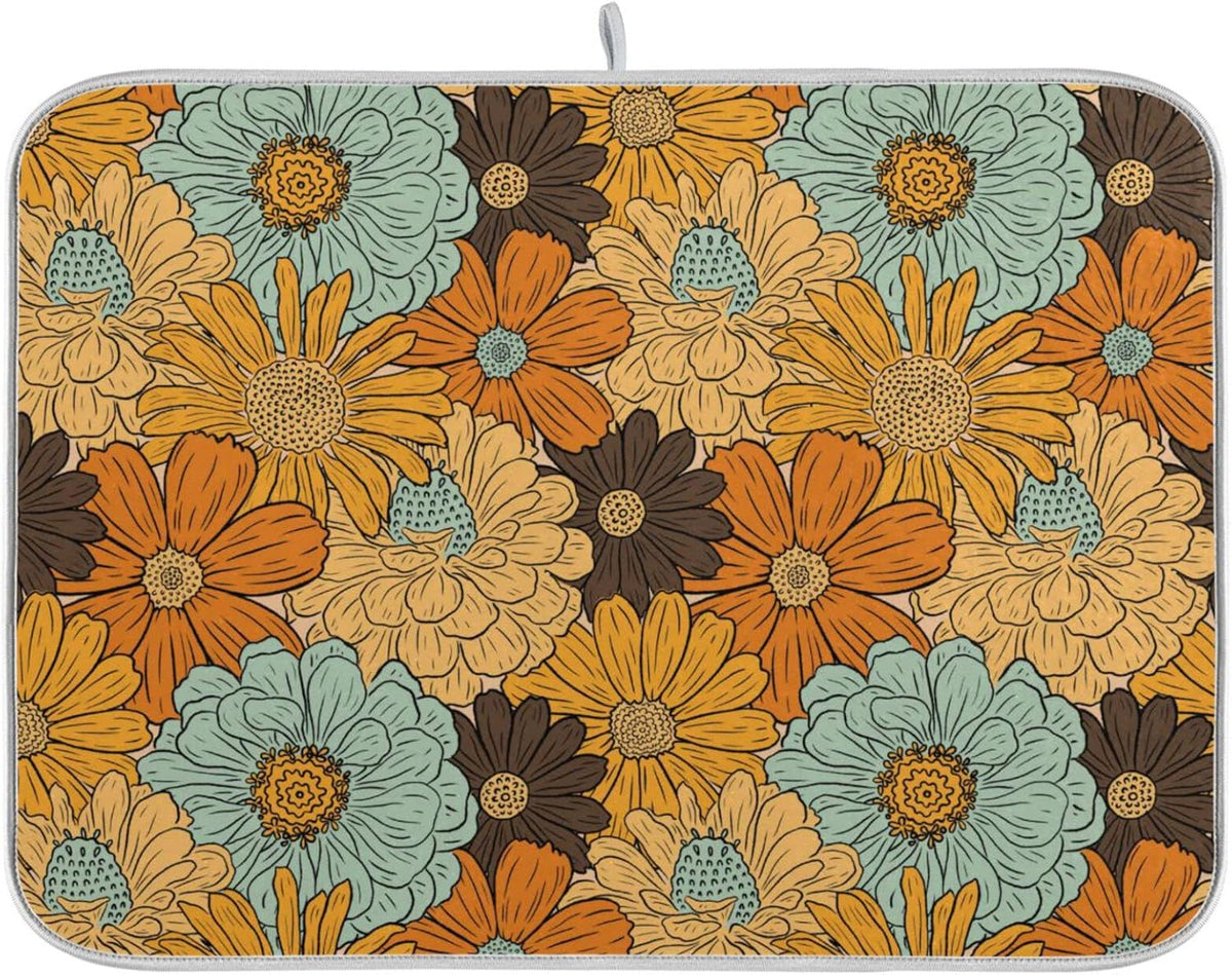 senya Super Absorbent Dish Drying Mat, Microfiber Fast-Drying 16'' x 18'', Kitchen Pad, Retro Flower Daisy
