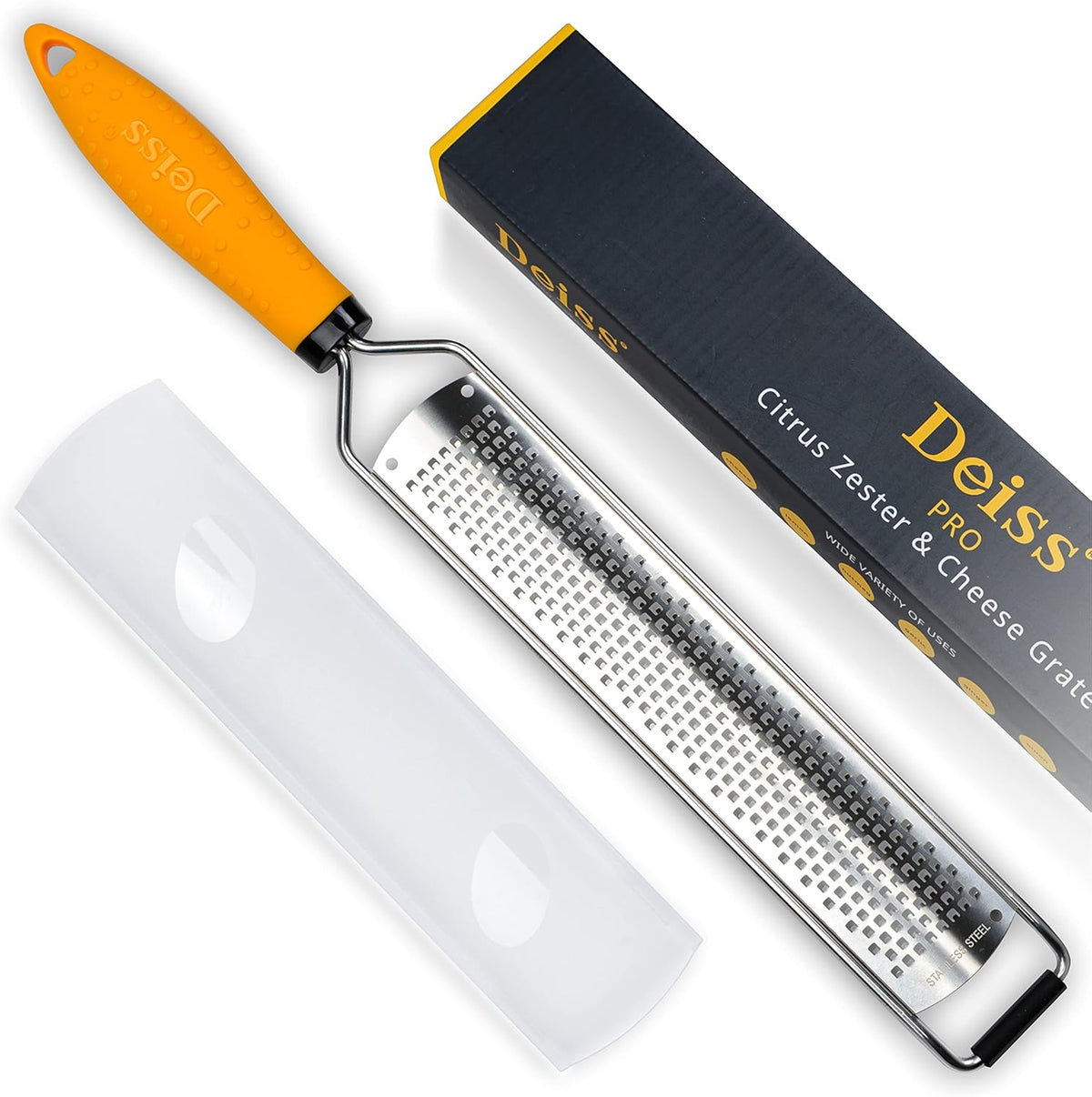 Deiss PRO Citrus Lemon Zester & Cheese Grater — Parmesan Cheese, Lemon, Ginger, Garlic, Nutmeg, Chocolate, Vegetables, Fruits - Razor-Sharp Stainless Steel Blade + Protect Cover - Dishwasher Safe