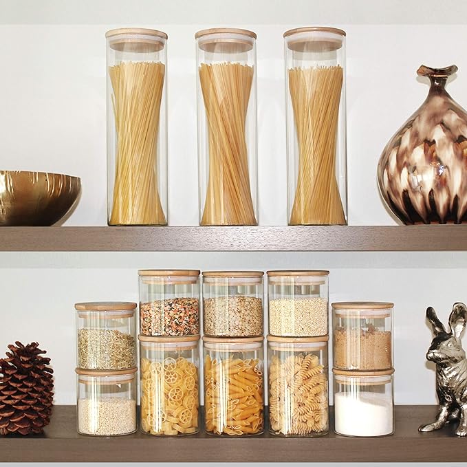 Glass Jars with Bamboo Lids (27oz in 6 Pack), Glass Food Jars and Canisters Sets, Food Storage Container with Airtight Lids, Food Pantry Jars,