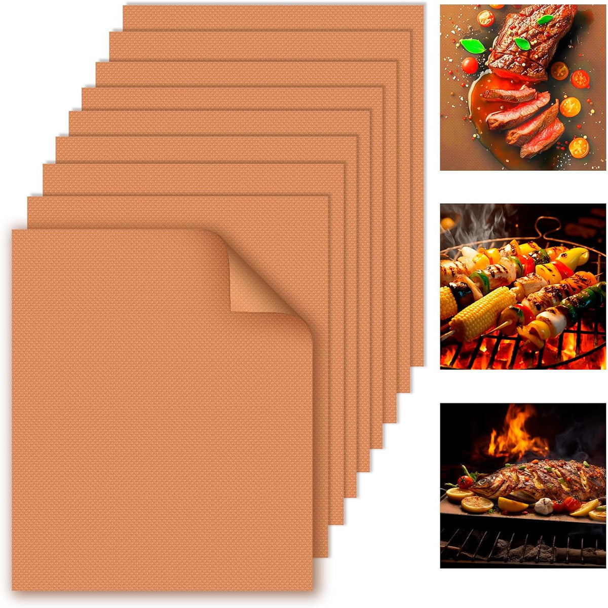 WIBIMEN Grill Mats for Outdoor Grill, Copper 9pcs Grill Mat, 100% Non-Stick PFOA Free 15.75 x 13", Heavy Duty, Reusable and Easy to Clean - Gas Charcoal & Electric BBQ