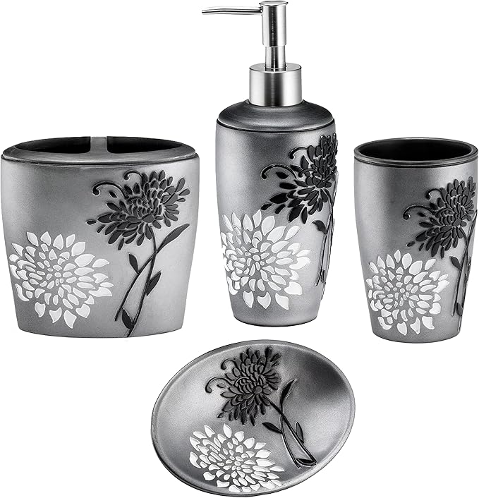 Zahari Home 4pc Erica Bathroom Accessories Sets Modern Classic Soap Dispenser, Tumbler, Tooth Brush Holder and Soap Dish Holder Unique Design Grey Bathroom Set