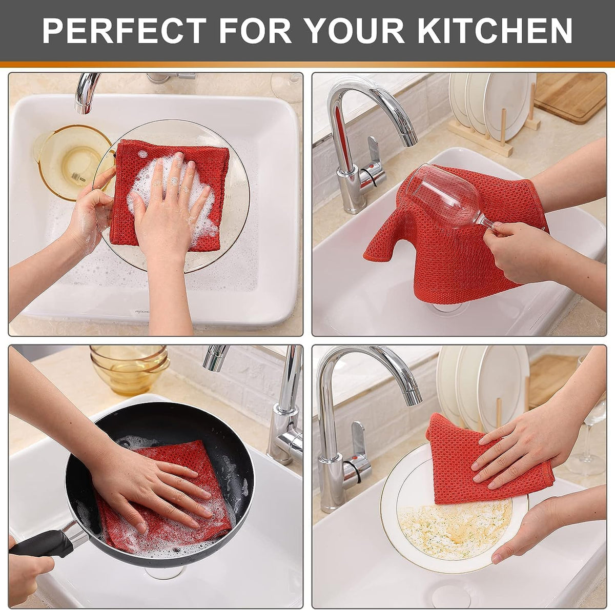 Kitinjoy 100% Cotton Kitchen Dish Cloths, 8 Pack Waffle Weave Ultra Soft Absorbent Dish Towels for Drying Dishes Quick Drying Kitchen Towels Dish Rags, 12 X 12 Inches, Brick Red