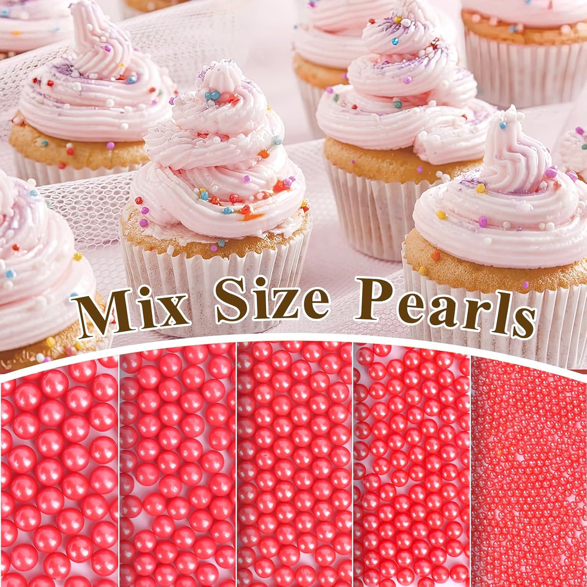 Twisweet Red Pearl Sprinkles for Cake Decorating, Edible Sugar Pearls for Baking, Mix Size, Cake Topper Cupcake Cookie Ice Cream Dessert Decorations, Valentines Birthday Christmas Supplies (130g/4.58oz)