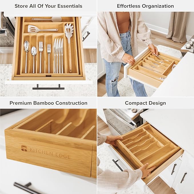 Premium Silverware, Flatware and Utensil Organizer for Kitchen Drawers, Food-Safe Contract Grade, Expandable from 14 to 25 In, Natural Bamboo