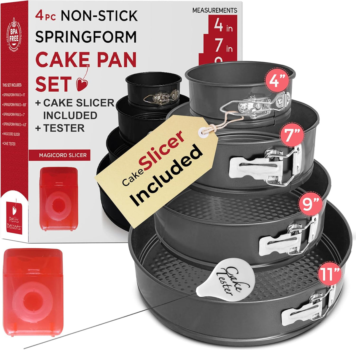 Spring Form Pan for Cheesecake, 4/7/9/11 Inch NONSTICK Cheesecake PanSet with CAKE SLICER and TESTER, Leakproof Springform Pan Set, 4 Spring Form Pans for Baking Compatible with INSTANT POT