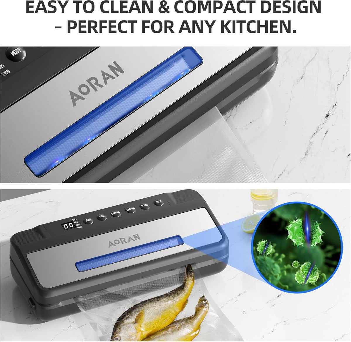 AORAN Vacuum Sealer with Transparent Window, 80KPa Powerful Food Vacuum Sealer, Compact and Easy-to-Use, Includes 5 Bags & 1 Roll, Dry & Moist Modes for Food Preservation