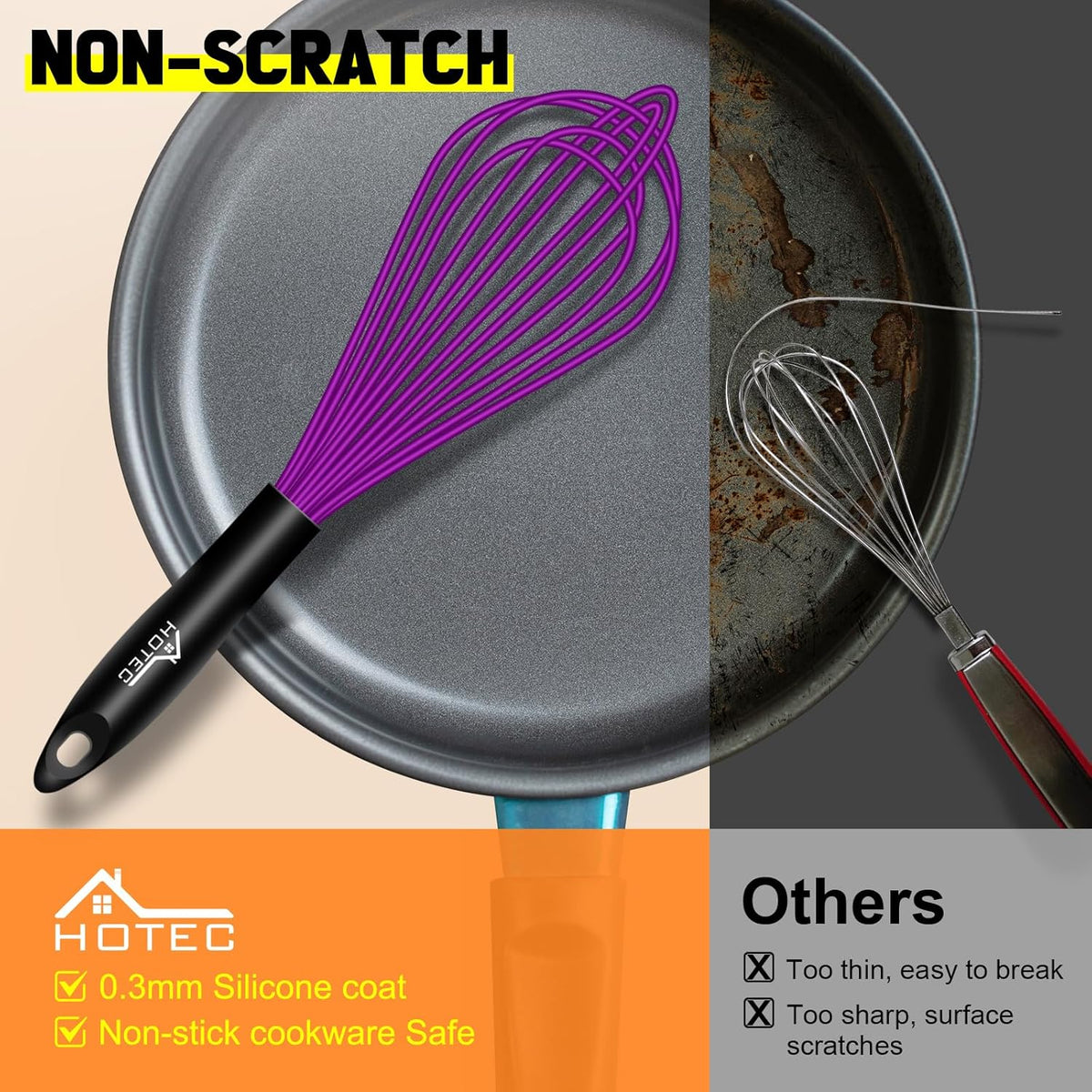HOTEC 4 Pieces Silicone Whisks for Cooking, Wire Balloon Whisks Egg Beater, Non-slip Handle Whisk for Non-stick Cookware Perfect for Cooking, Stirring, Beating and Blending (Purple)