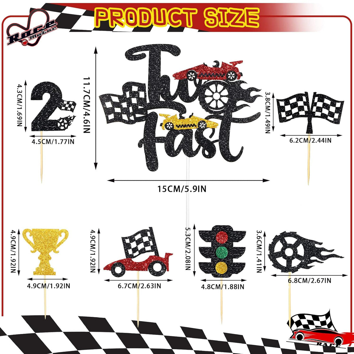 Gersoniel 49 Pack Two Fast Cake Toppers Cake Decoration Double Sided Trophy Flag Race Car Birthday Party Supplies
