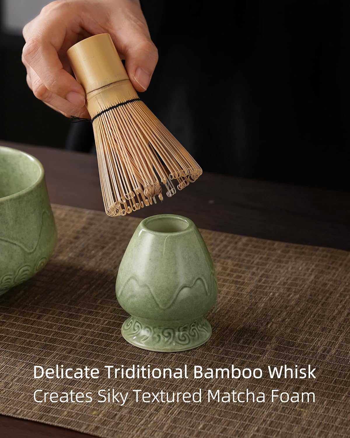 ZENS Matcha Whisk Set, 15oz Ceramic Matcha Bowl with Spout and Bamboo Whisk, (Chasen Holder) Scoop & Tea Towel, 5pcs Matcha Kit for Matcha Ceremony, Emerald Green