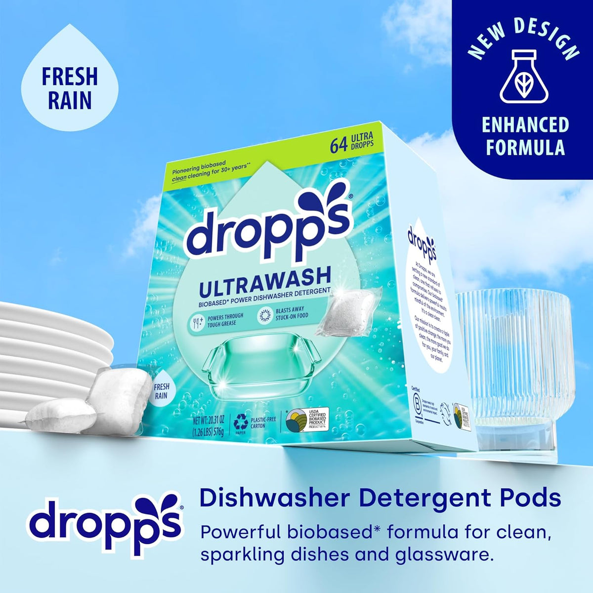 Dropps UltraWash Dishwasher Pods, Fresh Rain (64 Count) - Biobased Power Deep Clean Dishwasher Detergent Tablets for Sparkling Shiny Dishes - No Rinse Aid or Pre-Wash Needed - Dishwashing Pods