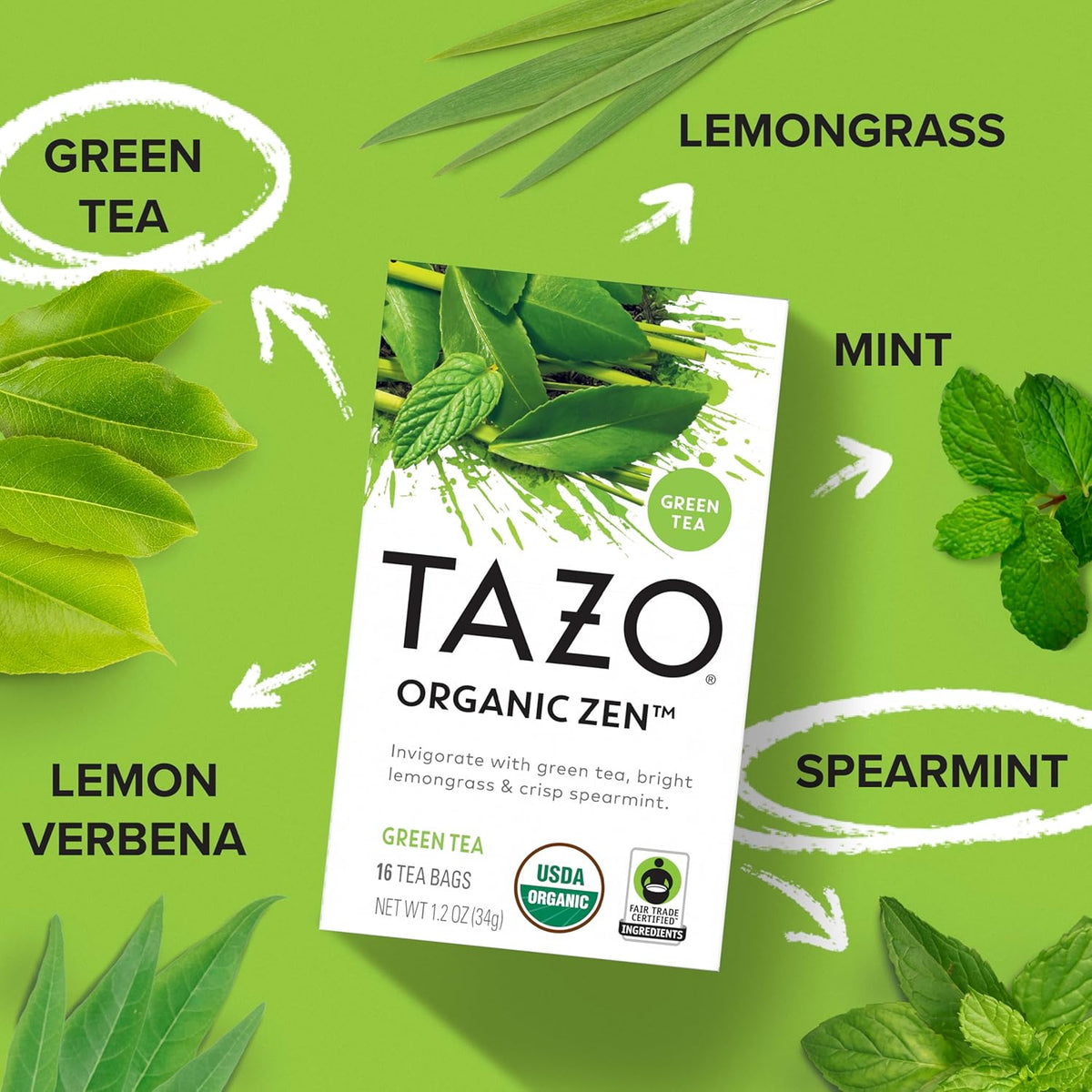 TAZO Organic Zen Green Tea, Green Tea Zen for Health and Wellness, 96 Total Tea Bags (16ct - Pack of 6)