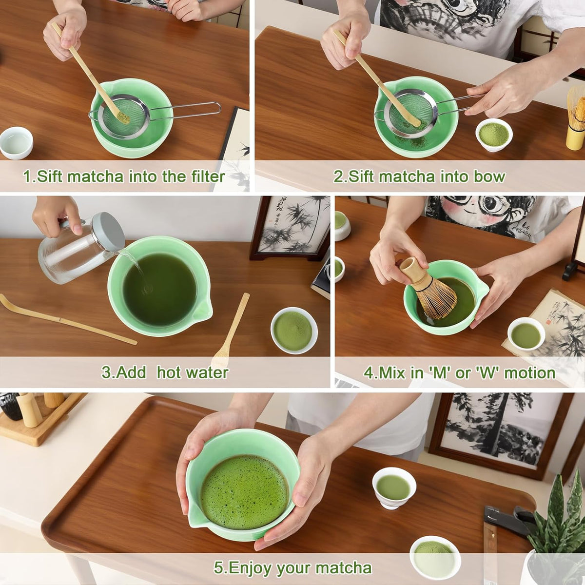 PHILORN Matcha Whisk Set 9Pcs Ceramic Matcha Kit Matcha Bowl with Spout, Whisk, Holder, Bamboo Scoop, Scoop Rest, Sifter and Tea Towe for Matcha Lover and Tea Ceremony (Cyan)