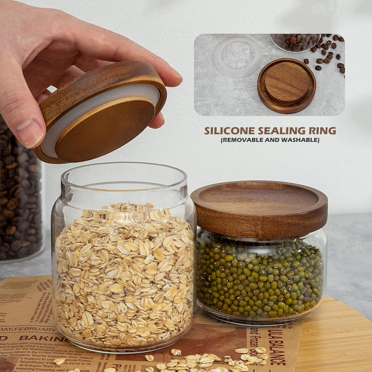 2PCS Small Glass Storage Jars with Airtight Lids, 17 fl oz (500ml) coffee container with Wooden Lid, Glass Pantry Canister for Beans, Rice, Sugar and etc