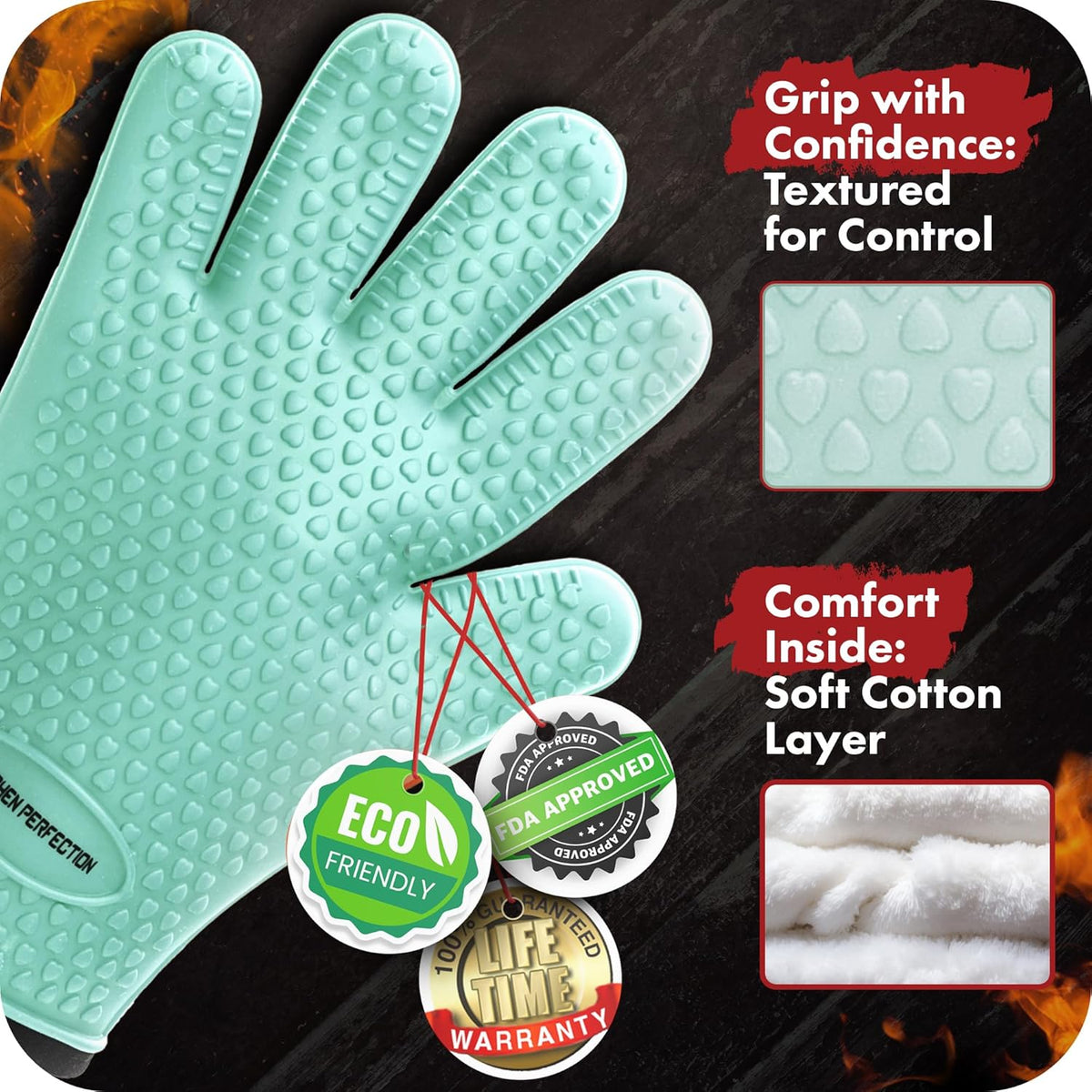 KITCHEN PERFECTION Silicone Smoker Oven Gloves -Extreme Heat Resistant BBQ Gloves -Handle Hot Food Right on Your Smoker Grill Fryer Pit|Waterproof Oven Mitts Grill Gloves |Superior Value Set+3 Bonuses