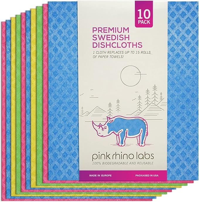 Swedish Dishcloths – Eco-Friendly Reusable Kitchen Towels – 10 Pack Cleaning Cloths for Dishes, Counters & Surfaces – Super Absorbent, Compostable, Zero-Waste Alternative