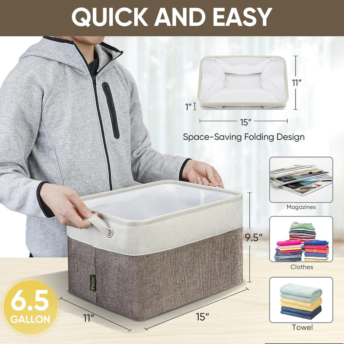 BALEINE 2 Pack Fabric Storage Bins for Shelves, Linen Storage Baskets for Organizing, Decorative Closet Bins for Clothes, Home (Brown, 15"x11"x9.5") ﻿