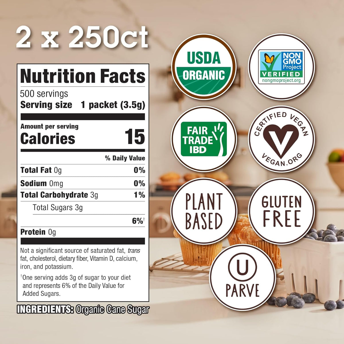 Sugar In The Raw Organic Granulated White Premium Cane Sugar, No Added Flavors or erythritol, Pure Natural Sweetener, Hot & Cold Drinks, Coffee, Tea, Vegan, Gluten-Free, Non-GMO, Bulk Sugar, 250 ct packets (2-Pack)