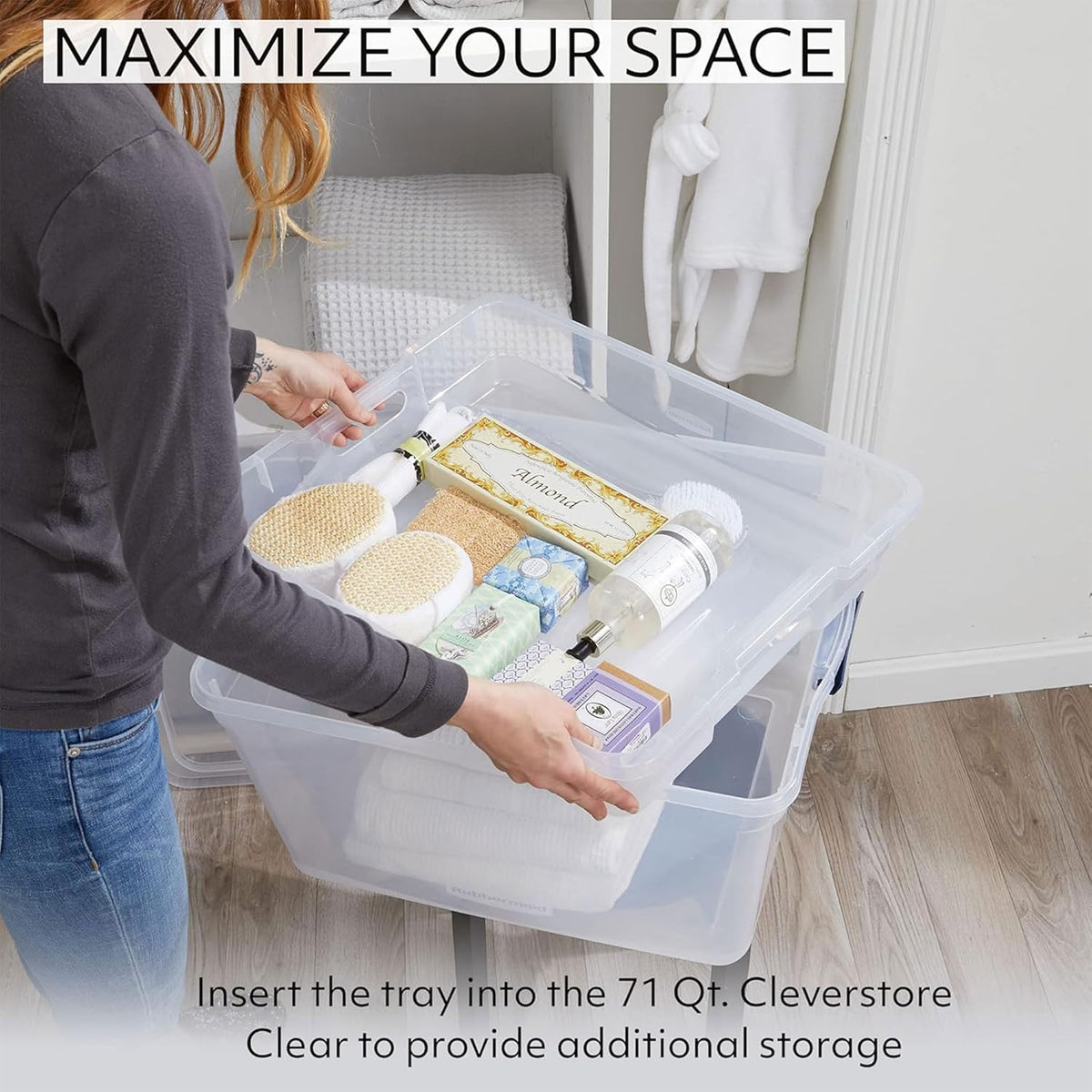 Rubbermaid Cleverstore 74 Qt Clear Storage Bins with Lids and Nesting Tray, 4-Pack, Stackable, BPA-Free, Made in USA