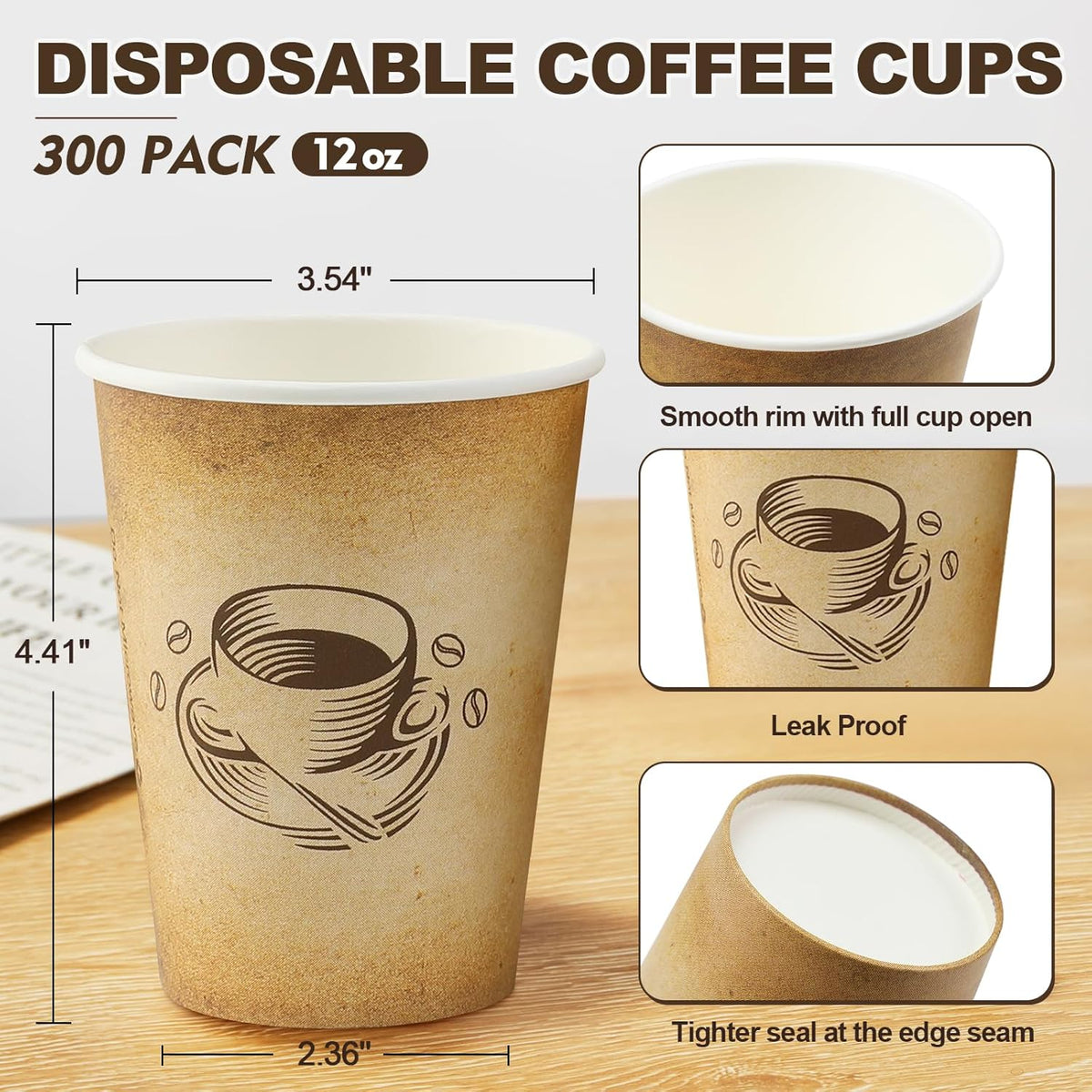 300 Pack 12oz Paper Coffee Cups, Hot/Cold Beverage 12oz Disposable Coffee Cups, Retro Design, Leak-Proof, Hot or Cold Drink, Cocoa, Chocolate, Coffee Bar Supplies