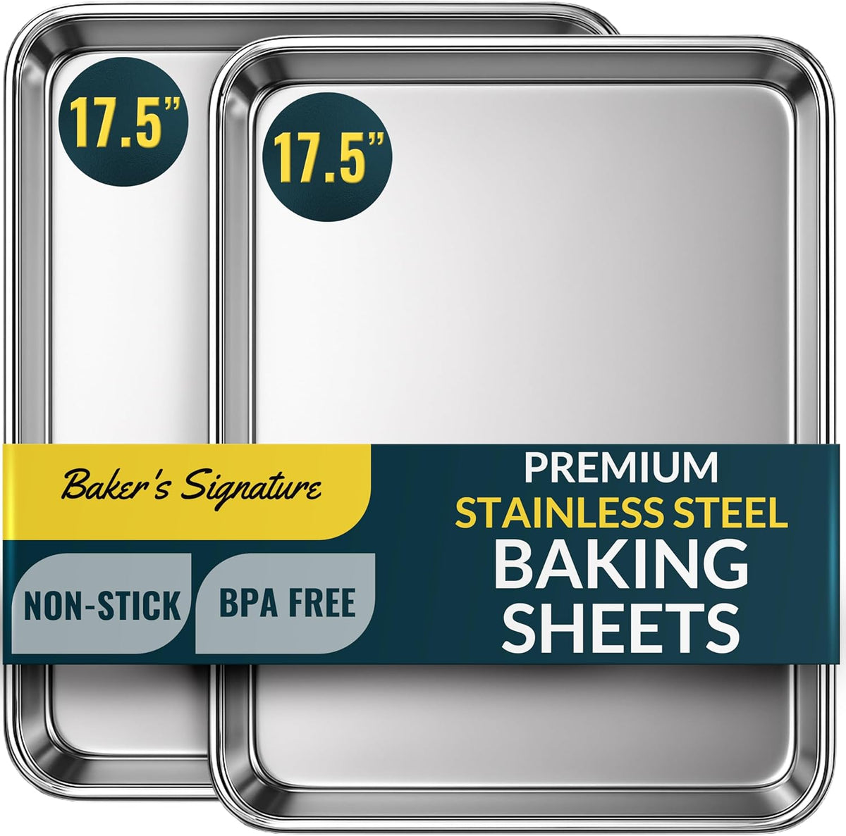Baker’s Signature Stainless Steel Cookie Sheet Pan, Stainless Steel Baking Sheet Set of 2, Mirror Finish, Non-Stick, Rust Resistant, BPA Free, Dishwasher Safe, 17.5 x 13 Inch