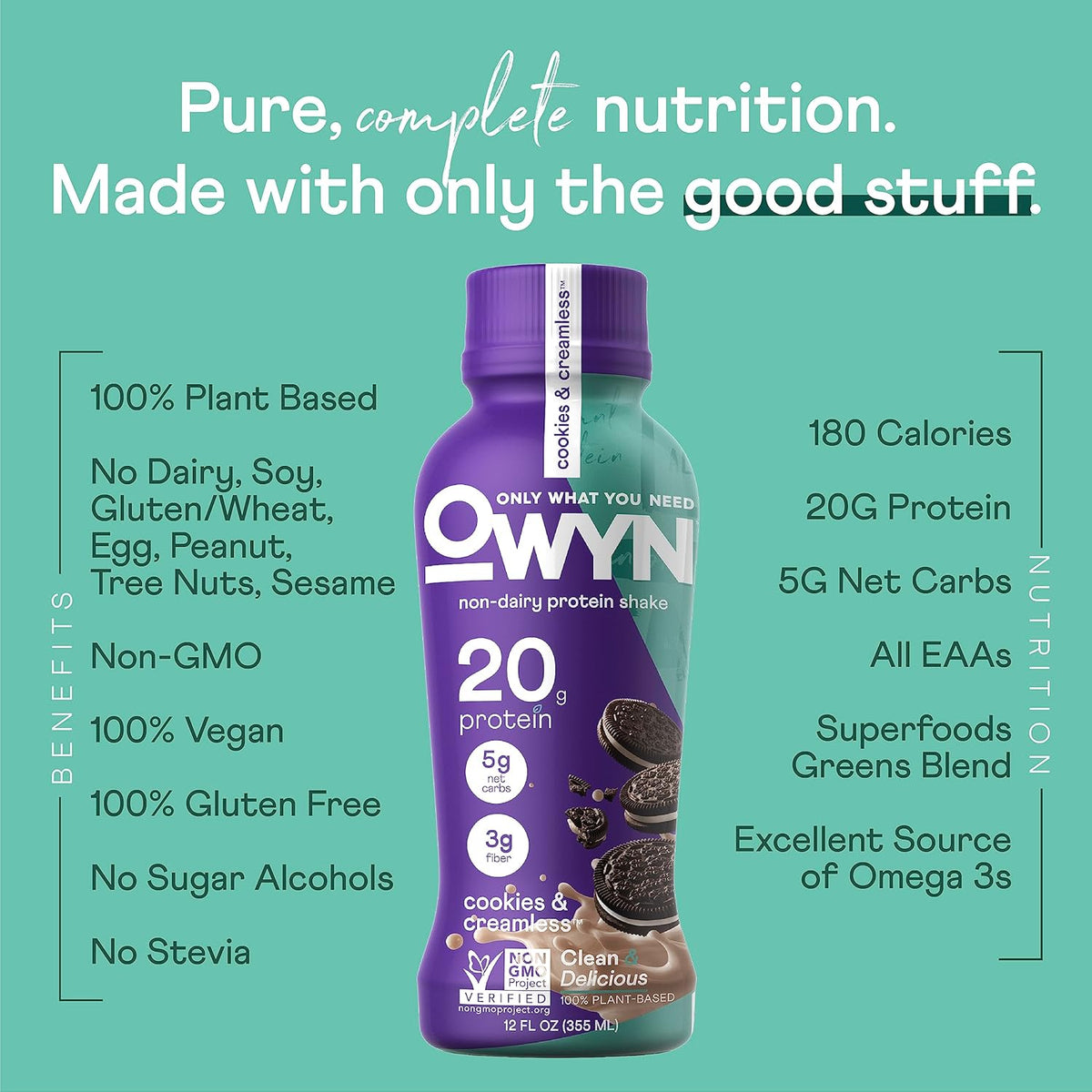 OWYN Only What You Need Plant Based Protein Shake, 20g Vegan Protein from Organic Pumpkin Seed, Flax, Pea Blend, Prebiotic Supplement, Superfood Greens, Gluten & Soy-Free (Variety Pack, 12 Pack)
