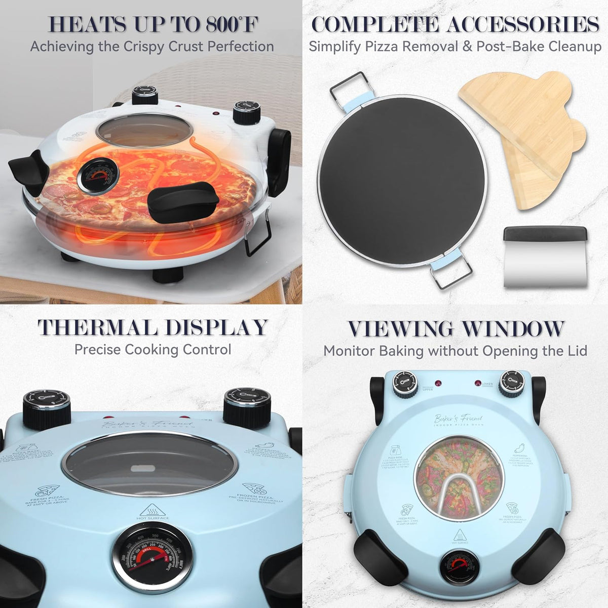 Baker's Friend Electric Pizza Oven Indoor Countertop, 12 Inch Maker Machine for Home, Cooker & Grill, Premium Glazed Ceramic Stone Oven, Pale Blue