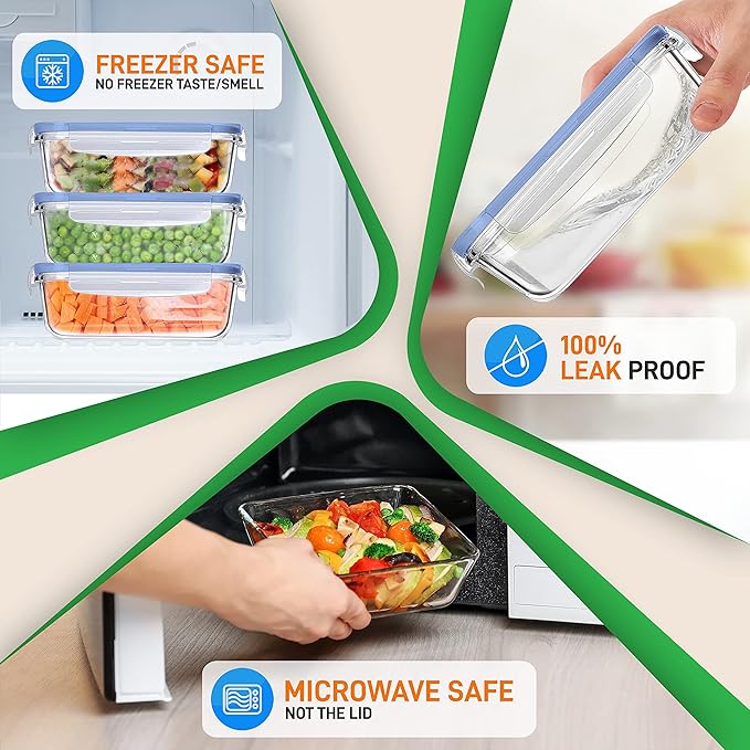 NutriChef 10-Piece Superior Glass Food Storage Containers Set (5 Containers + 5 Locking Lids),Stackable Meal-prep Design, BPA-free Airtight Clear Locking lids with Vent Lids & Air Hole, Blue