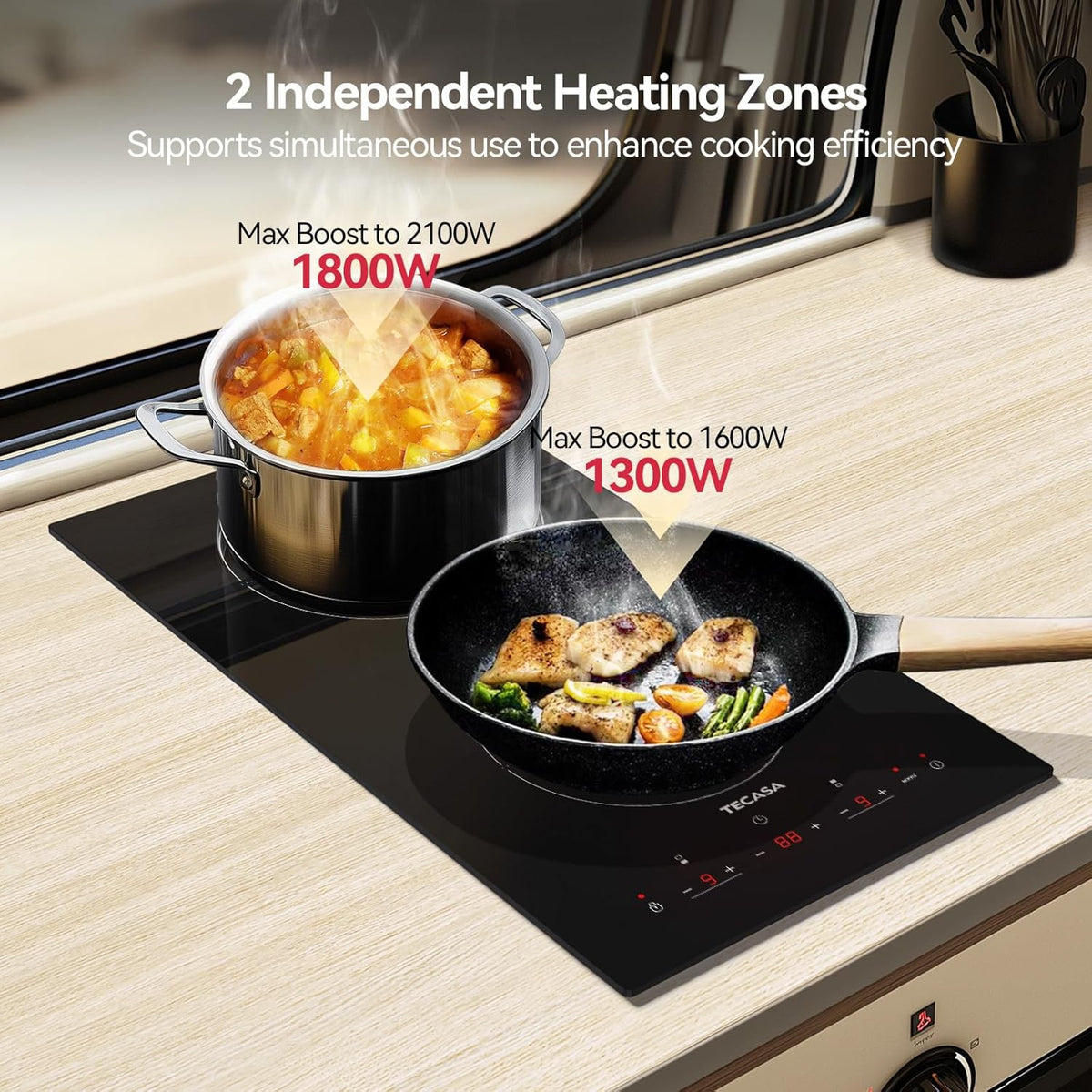 12 Inch Induction Cooktop 3500W, TECASA Built-in Electric Stove with 2 Boost Burners, Compatible with Magnetic Cookers, Timer & Child Safety Lock, 9 Power Levels