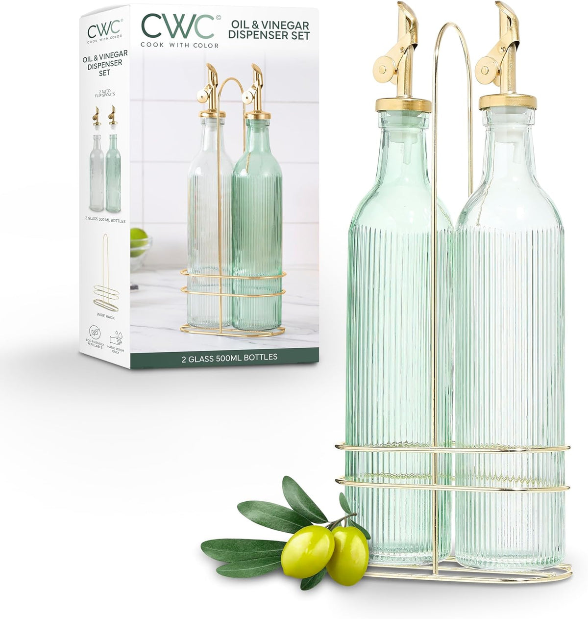 COOK WITH COLOR Glass Olive Oil Bottle Dispenser - 2 Pack- 17oz Oil and Vinegar Cruet - Olive Oil Carafe Decanter for Kitchen