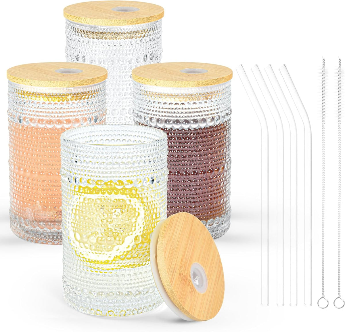13 oz Drinking Glasses Set of 4 with Bamboo Lids Straws Hobnail Boho Glassware Set Vintage Glass Cups Embossed Iced Coffee Cup for Beer Cocktail Beverage(Hobnail)