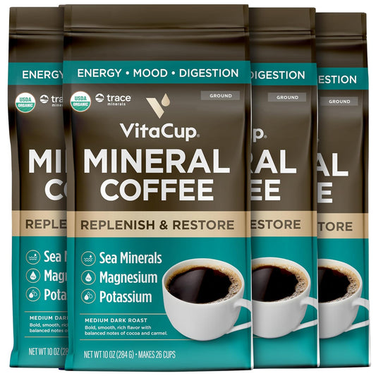 VitaCup Mineral Coffee with Trace Minerals, Hydrate, Replenish & Restore w/All Natural Sea Minerals, Electrolytes, Organic Coffee, Single Origin, Medium Dark Roast, Ground Coffee, 4 Bags 10oz Each