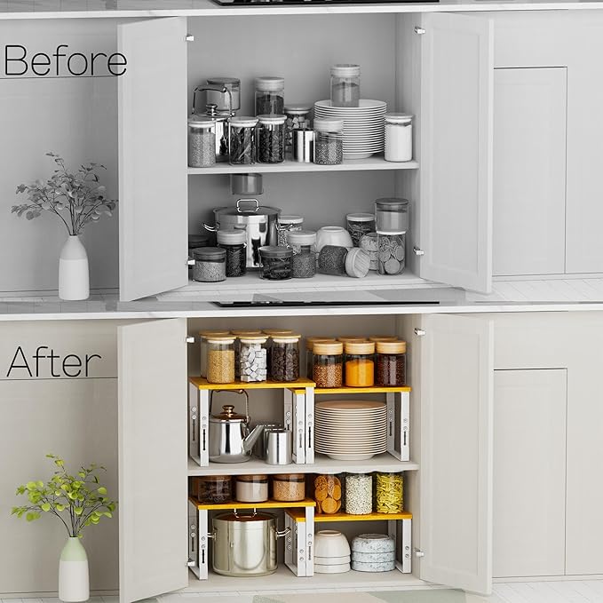 Expandable Kitchen Cabinet Organizer Shelves – Stackable Adjustable Metal and Wood Storage Racks for Countertop, Pantry, Garage Set of 2 Spice Rack – Easy Assembly, Space-Saving(1 Pack/Large/White)