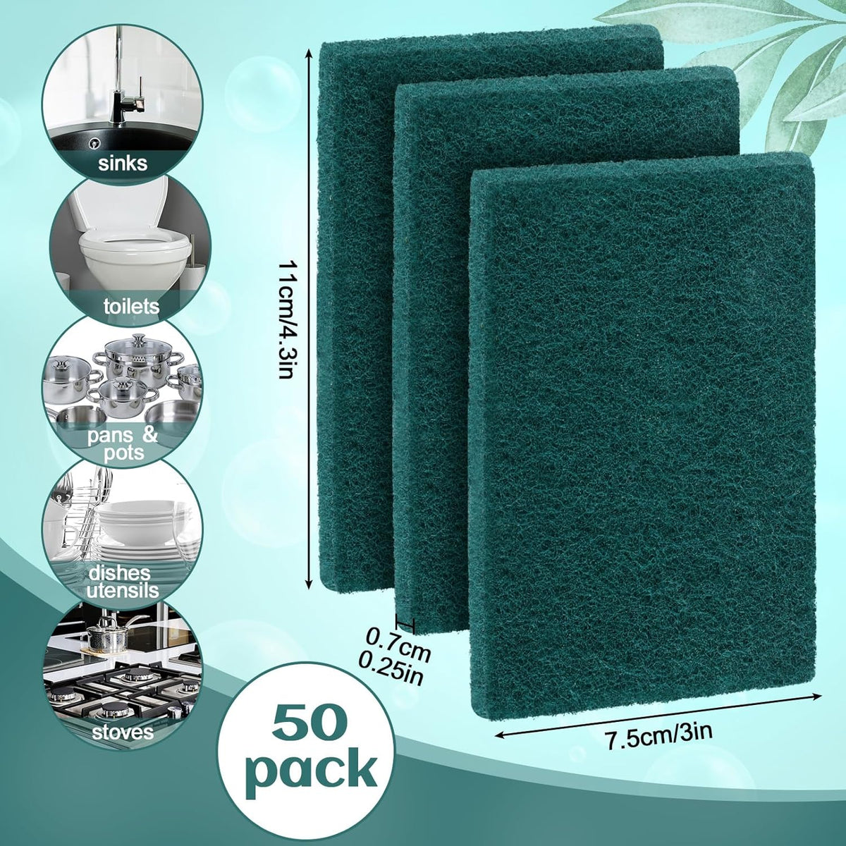 Hoolerry 50 Pcs Heavy Duty Scouring Pads Non Scratch Household Scrub Pads for Cleaning Reusable Pan Scrubber Anti Grease Scrubbing Pads for Dish Kitchen Metal Grills, 4.3 x 3 x 0.3 in (Green)