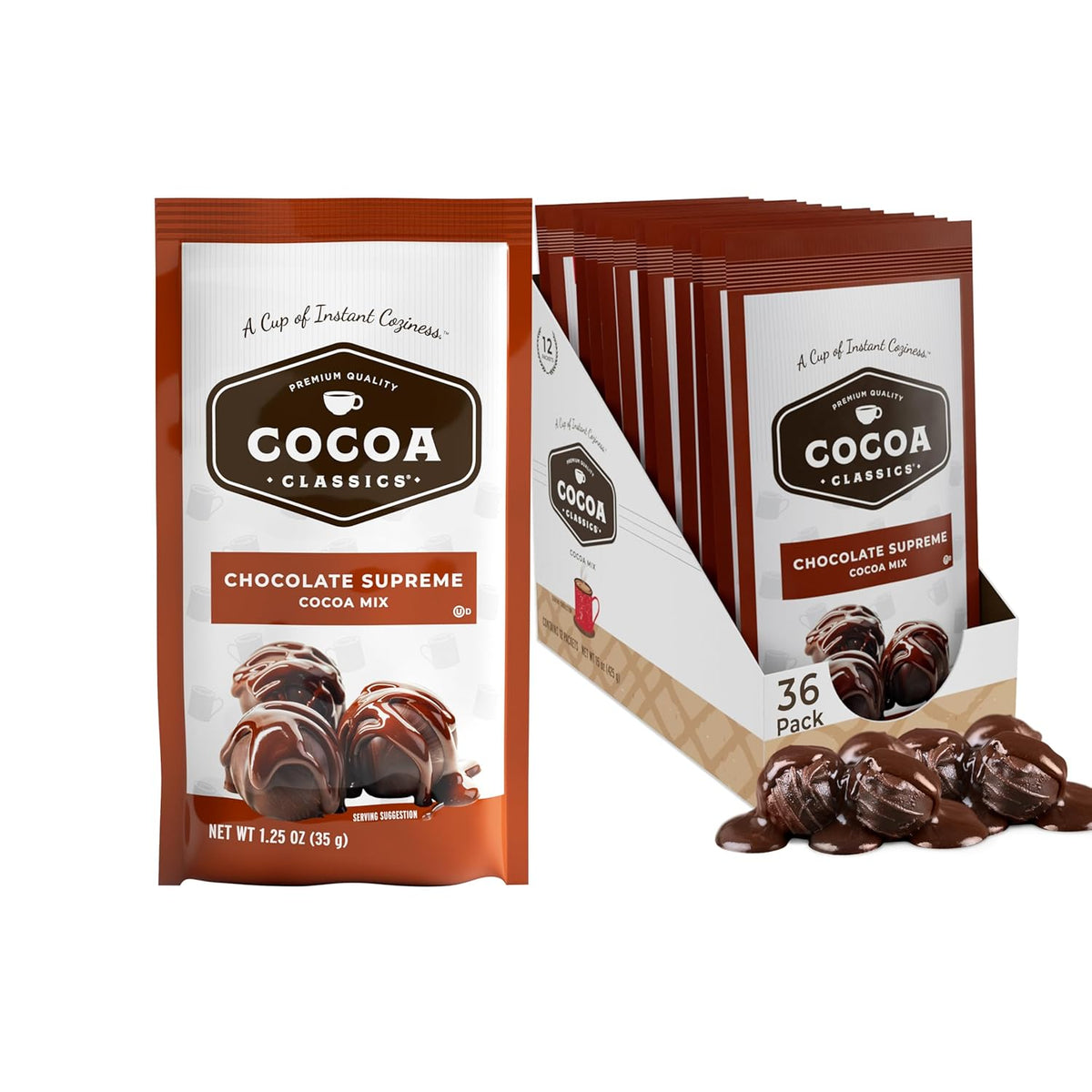 Cocoa Classics Chocolate Supreme Cocoa Mix, Hot Chocolate, Made with Nonfat Milk, Just Add Hot Water, Make Hot or Iced Cocoa, Gluten Free & Kosher Dairy Friendly, 1.25oz Packets (Pack of 36)