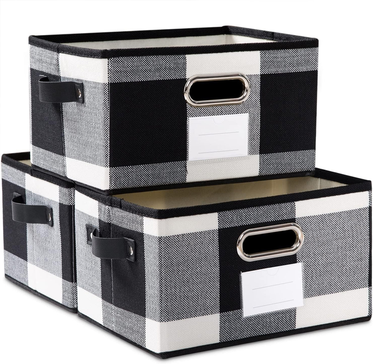 PRANDOM Large Collapsible Storage Baskets for Closet [3-Pack] Decorative Fabric Storage Bins Cubes with Leather/Metal Handles for Shelves Bedroom Living Room Black and White Grid (14.9x9.8x8.3 Inch)