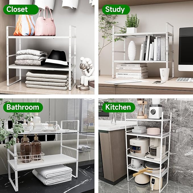 Expandable Cabinet Organizer Shelf, Adjustable Height Organizer Riser for Kitchen Cabinet Spice Rack Locker Pantry Cupboard Under Sink Countertop Desk Organization Metal Stackable Shelves