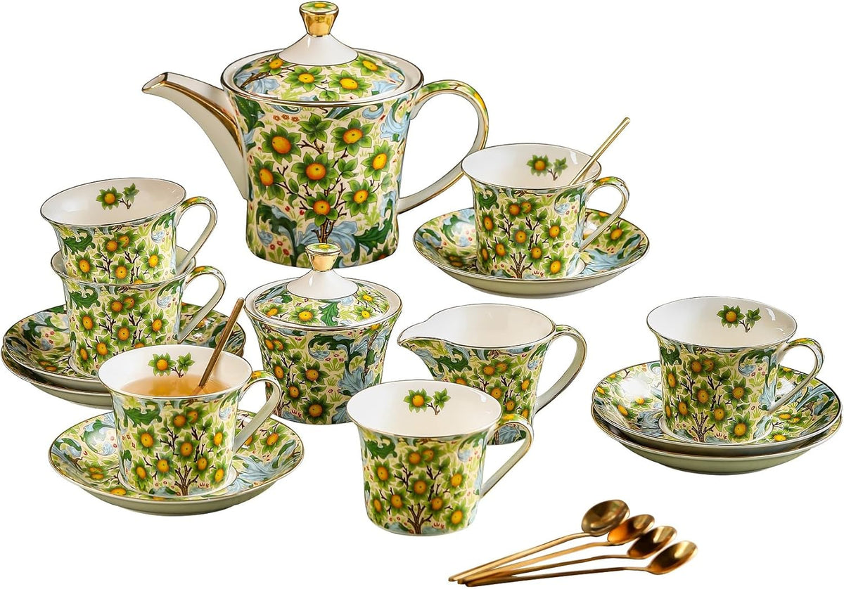 ACMLIFE Tea Set for Adults- Fine China Tea Set for 6, 21-Piece Vintage Coffee Set English Porcelain Tea Pot Sets for Adult Tea Party for Women Gift (Fruits Green, Extra Large 21)