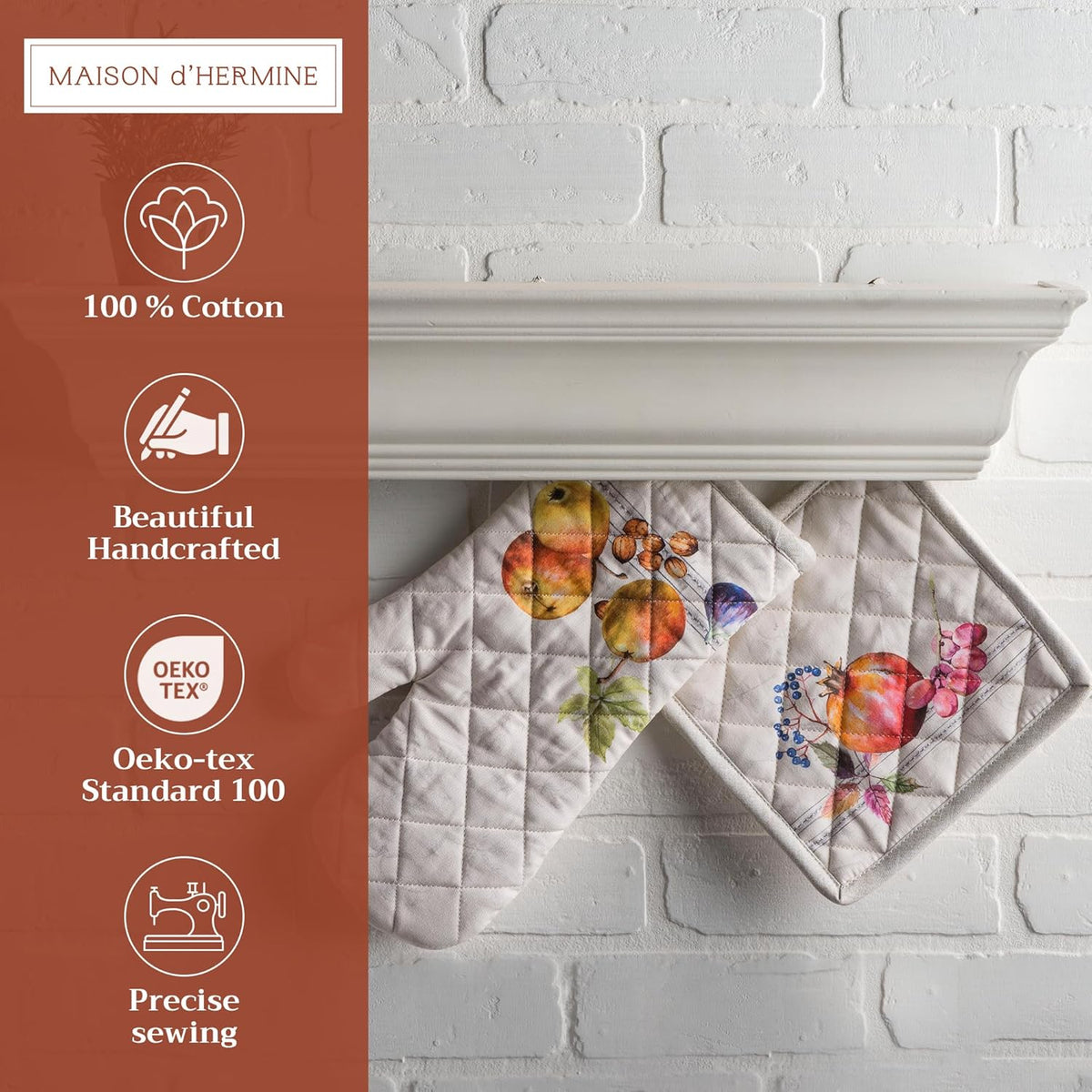 Maison d' Hermine 100% Cotton Oven Mitt & Pot Holder Set (7.5"x13" & 8"x8") Heat Resistant BBQ Cooking Gloves with Loop, Baking, Grilling, Kitchen, Handling Hot Pans (Fruit D'Hiver)