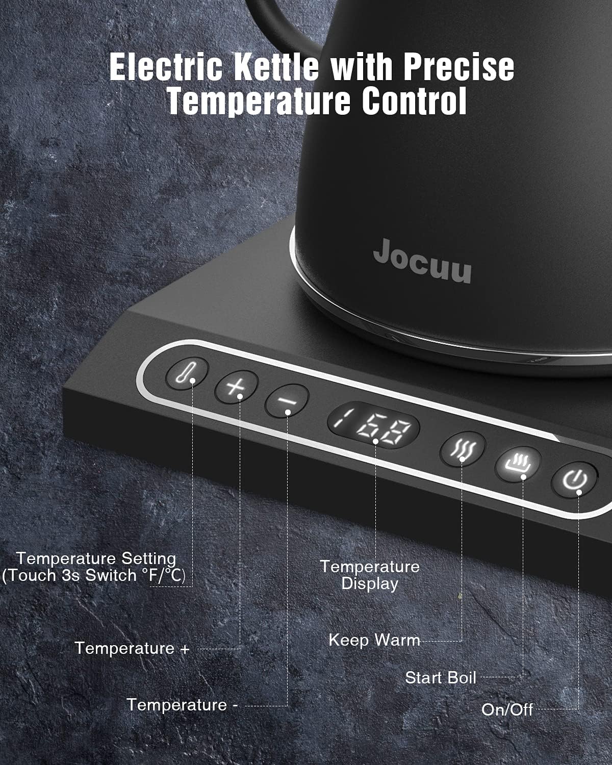 Jocuu Gooseneck Electric Pour Over Kettle with Temperature Control, Tea & Pour Over Coffee Kettle, Stainless Steel, Auto Shutoff Boil-Dry Protection, 0.8L, Matte Black