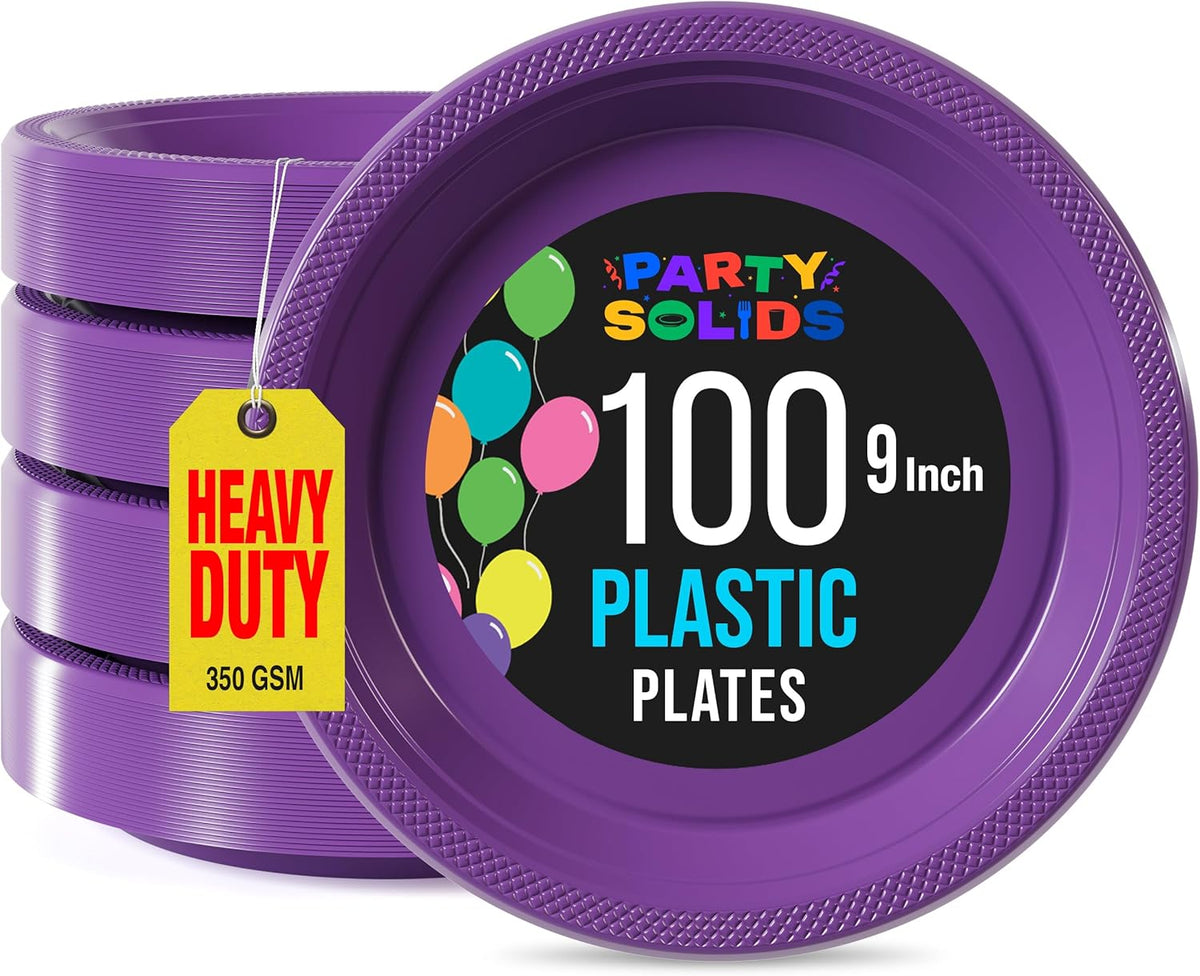 Exquisite Party Solids Purple Plastic Plates For Party 9" Purple Disposable Plates Heavy Duty Supplies 100 Pcs Plastic Dinnerware Sets Heavy Duty 350 GSM Disposable Dinnerware Set