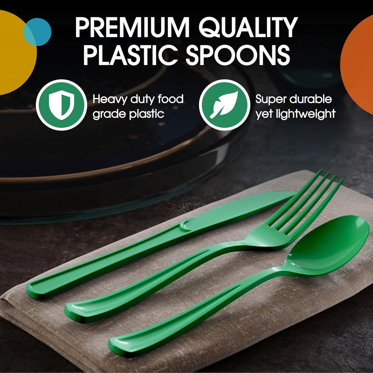 Party Solids Disposable Emerald Green Plastic Spoons 200 Pcs - Heavy Duty Modern Plastic Disposable Cutlery