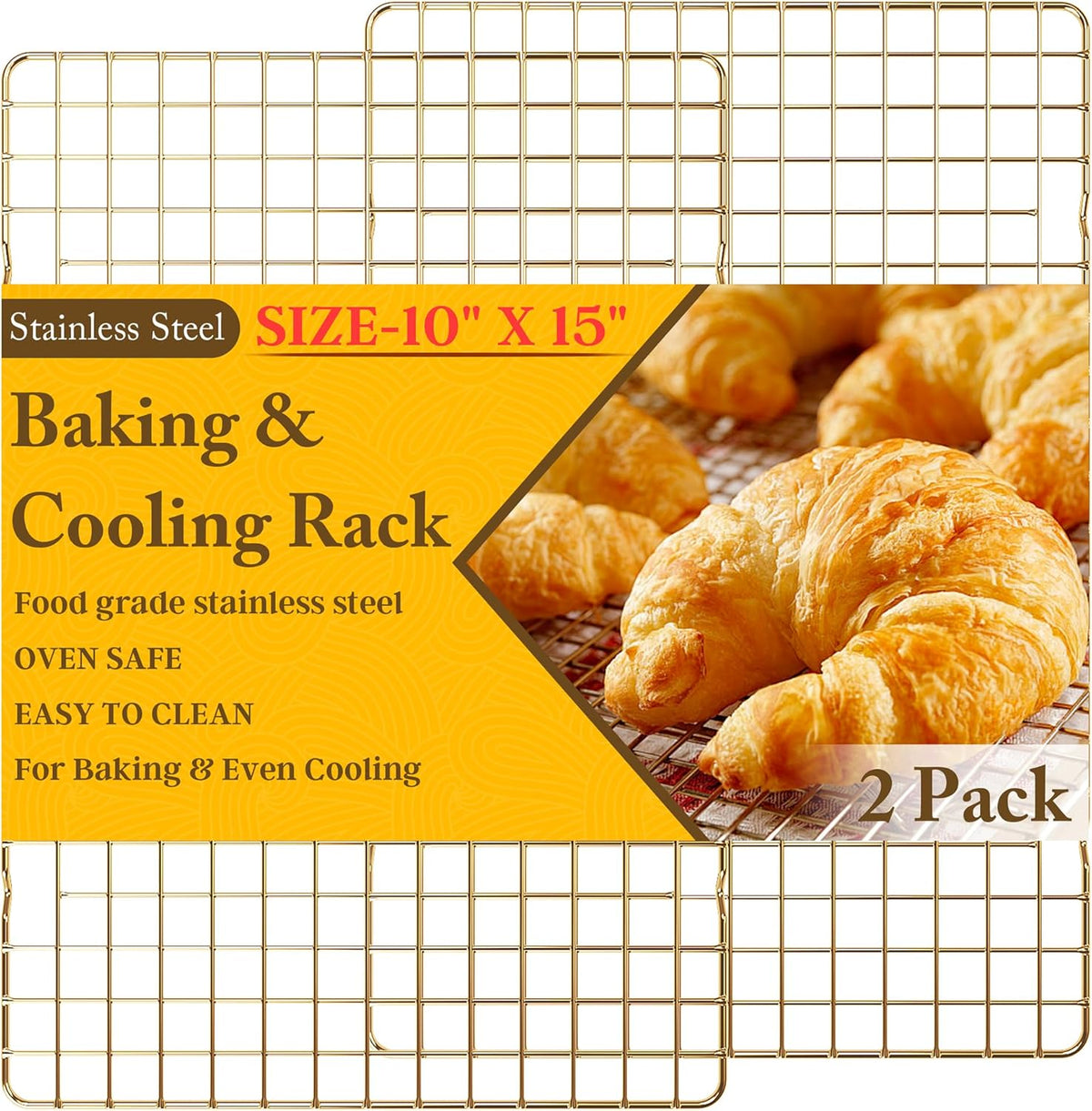 2-Pack Cooling Racks for Cooking and Baking - 10" x 15"Heavy Duty Stainless Steel Wire Rack for Baking, Grilling, Roasting - Oven & Dishwasher Safe - Fits Jelly Roll Sheet Pan（Gold）