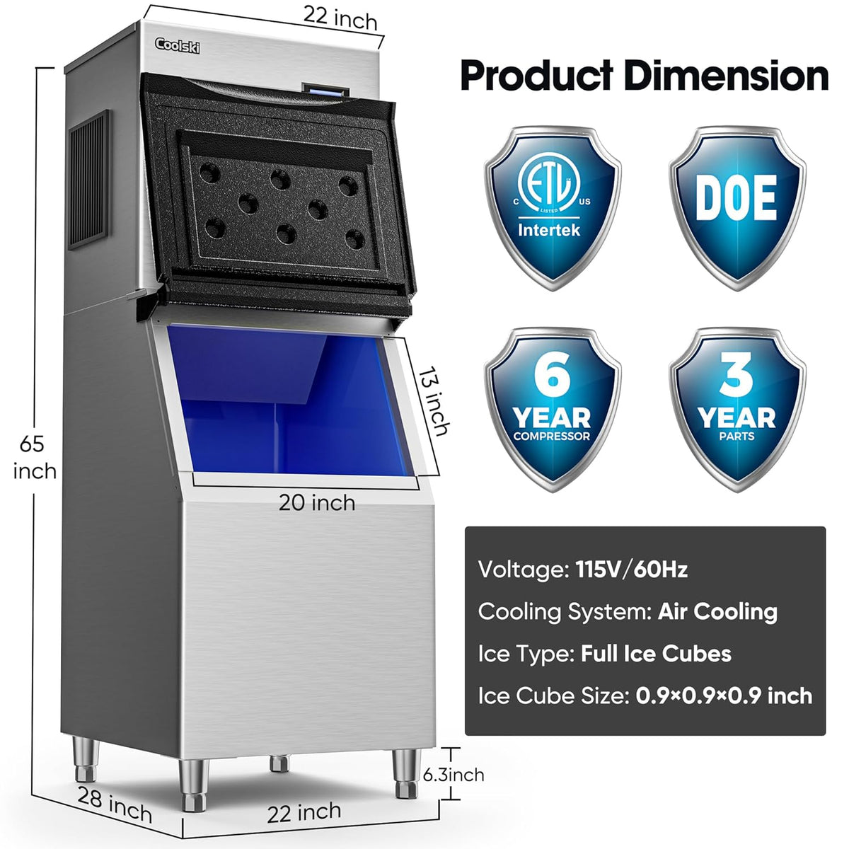 Commercial Ice Maker Machine 550LBS/Day, 22’’ Wide Industrial Ice Machine with Large Storage Bin, Ice Ready in 5-15 min, Ice Maker for Restaurant/Bars, Stainless Steel/ETL Approved