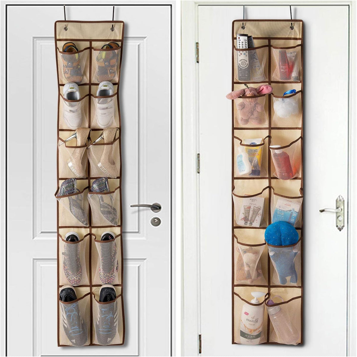 KEEPJOY Over The Door Shoe Organizer,Hanging Shoe Organizer 12 Mesh Pockets Shoe Organizer for Closet,Works Well for Men and Woman Kids Shoes Storage, 57.5×12.6inch(Beige)